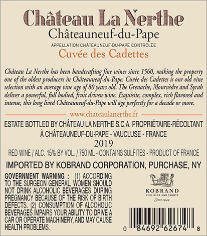 Cuvée des Cadettes Châteauneuf-du-Pape 2019 Back Label