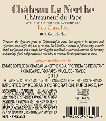Les Clavelles Châteauneuf-du-Pape Rouge 2019 Back Label