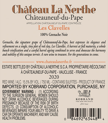Les Clavelles Châteauneuf-du-Pape Rouge 2020 Back Label