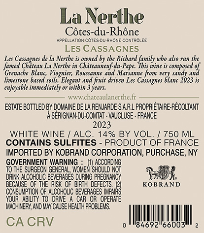 Les Cassagnes de La Nerthe Blanc 2023 Back Label