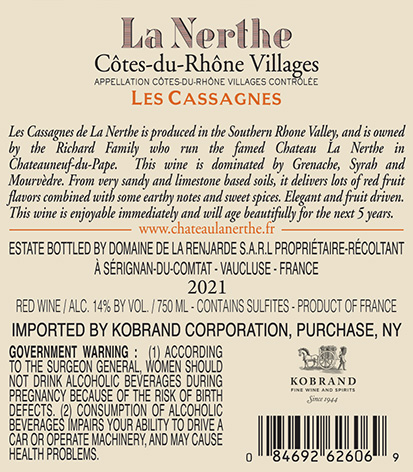 Les Cassagnes Côtes-du-Rhône Villages 2021 Back Label