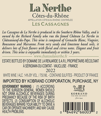 Les Cassagnes de La Nerthe Blanc 2022 Back Label