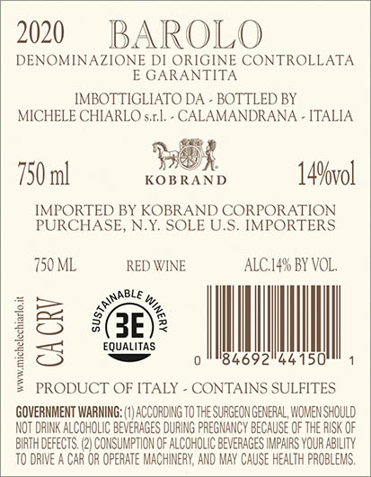 Tortoniano Barolo DOCG 2020 Back Label