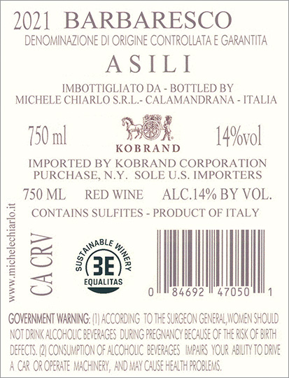 Asili Barbaresco DOCG 2021 Back Label