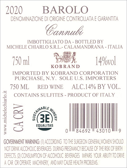 Cannubi Barolo DOCG 2020 Back Label
