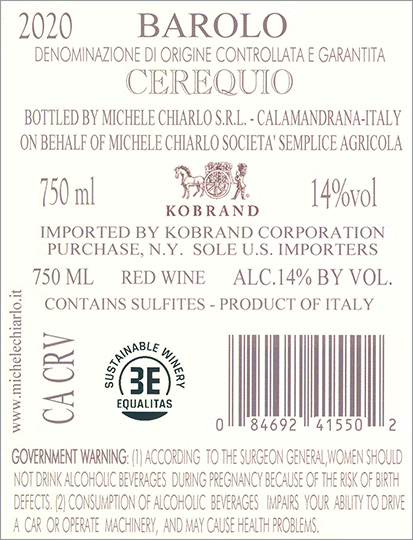 Cerequio Barolo DOCG 2020 Back Label