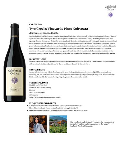 Two Creeks Vineyards Pinot Noir 2022 Fact Sheet