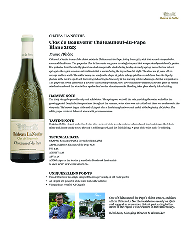 Clos de Beauvenir Châteauneuf-du-Pape Blanc 2023 Fact Sheet