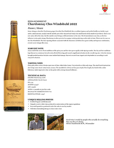 Chardonnay Clos Windsbuhl 2022 Fact Sheet