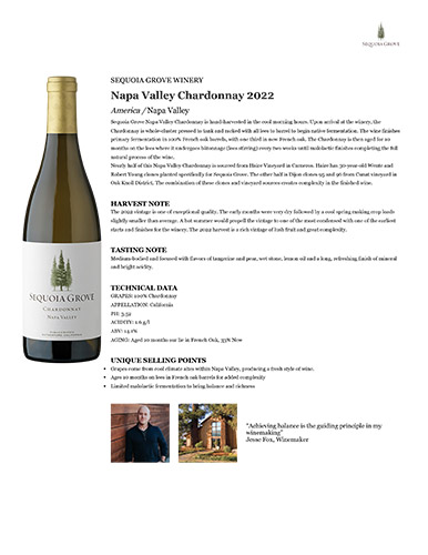Napa Valley Chardonnay 2022 Fact Sheet