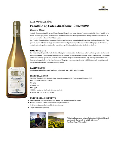 Parallèle 45 Côtes-du-Rhône Blanc 2022 Fact Sheet