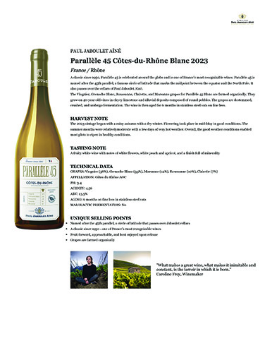 Parallèle 45 Côtes-du-Rhône Blanc 2023 Fact Sheet